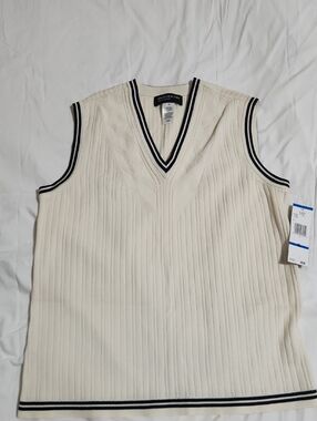 Jones New York Cream V-Neck Cable Knit Sweater Vest with Navy Trim